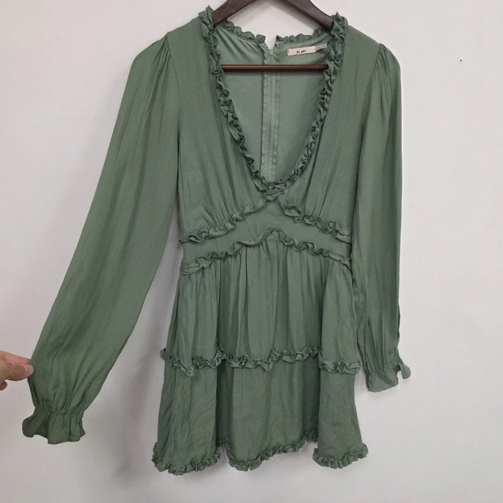 Green Ruffle Babydoll Dress Size S Forest Fairy Whimsical Bohemian Long Sleeve